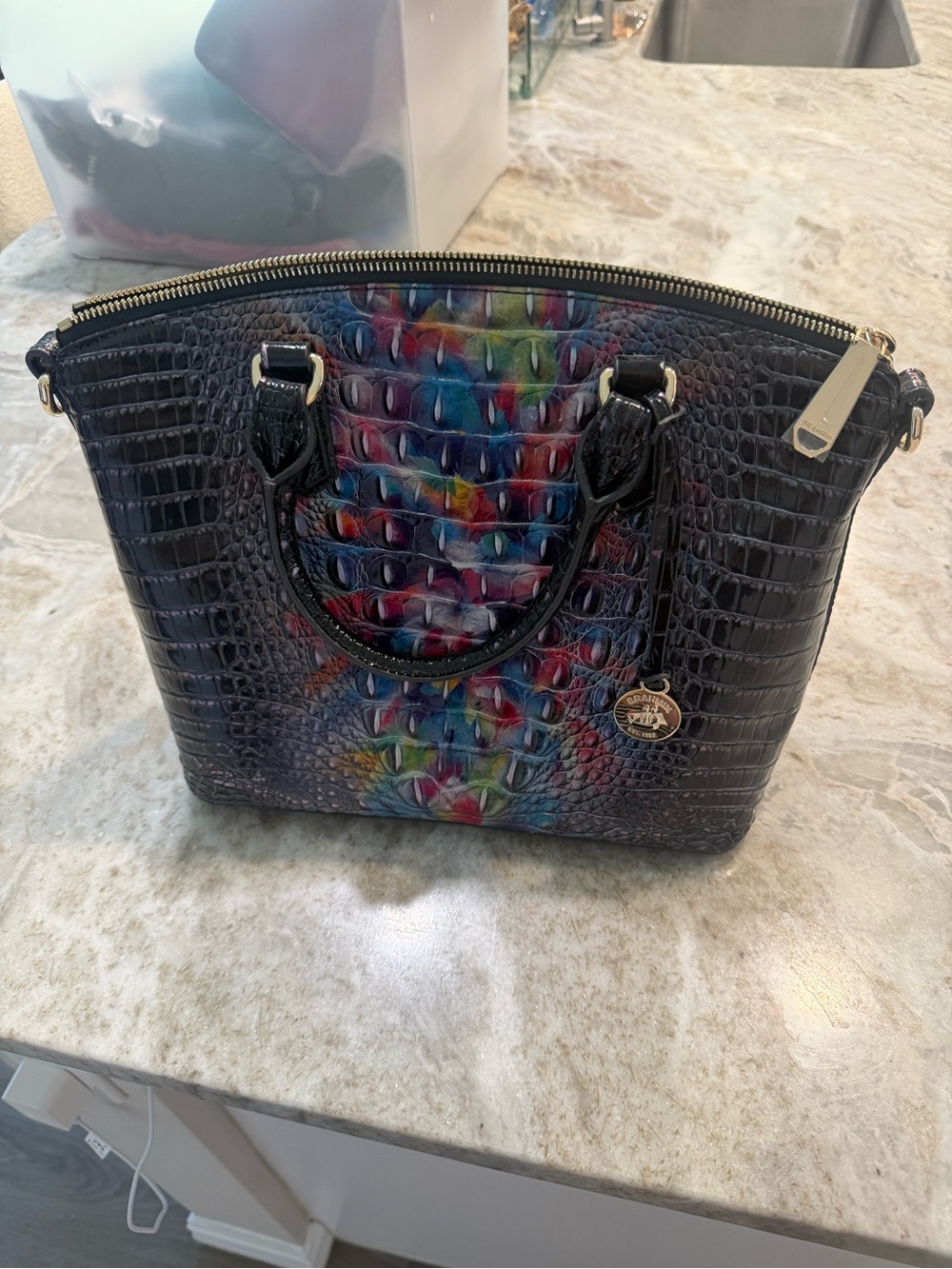 Brahmin Black Croc-Embossed Satchel with Multicolor Panel